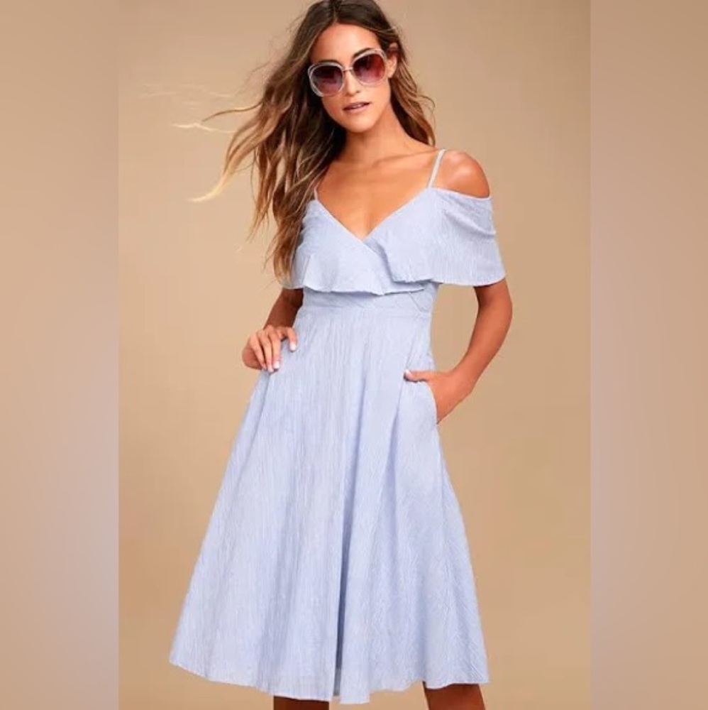 Lulus | Yacht Rock Blue and White Striped Off-The-Shoulder Midi Dress